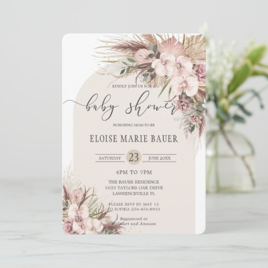 Invitation Boho Pampas Orchidée en herbe Baby shower en arc f (Debout devant)
