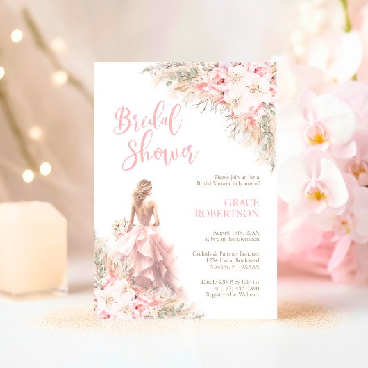 Invitation Boho Pampas Orchidées Peonies Robe Fête des mariée