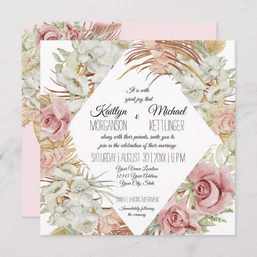 Invitation BOHO Pampas Palmier en laiton Feuillage Orchidée f (Devant / Derrière)