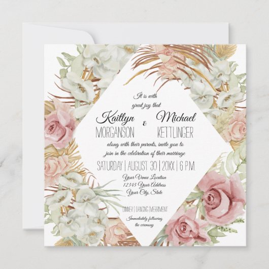 Invitation BOHO Pampas Palmier en laiton Feuillage Orchidée f (Devant)