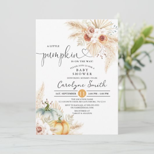 Invitation Boho Pampas Petit Baby shower Citrouille (Debout devant)
