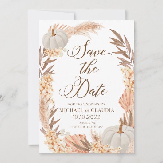 Invitation Boho Pampas Pumpkin White Fall Save the Date (Devant)