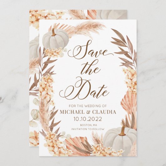 Invitation Boho Pampas Pumpkin White Fall Save the Date (Devant / Derrière)