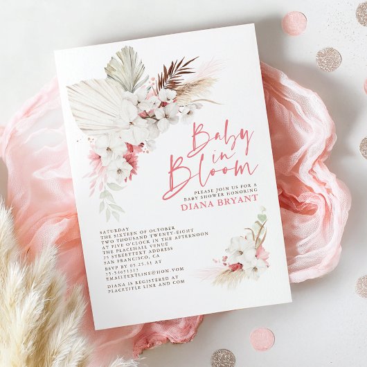 Invitation Boho Pampas Rose Floral Baby shower en herbe Invit