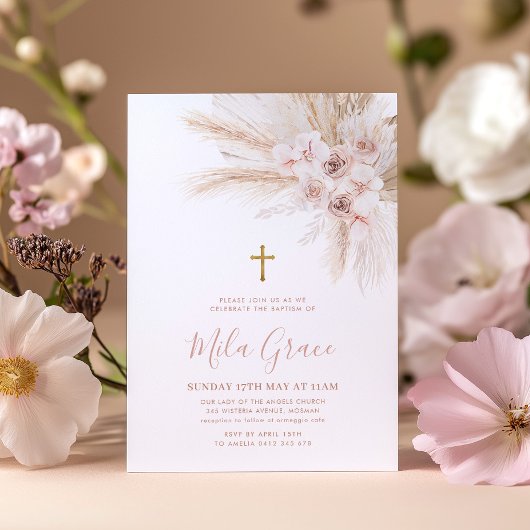 Invitation Boho Pampas Rose Girl Floral Baptism Christening