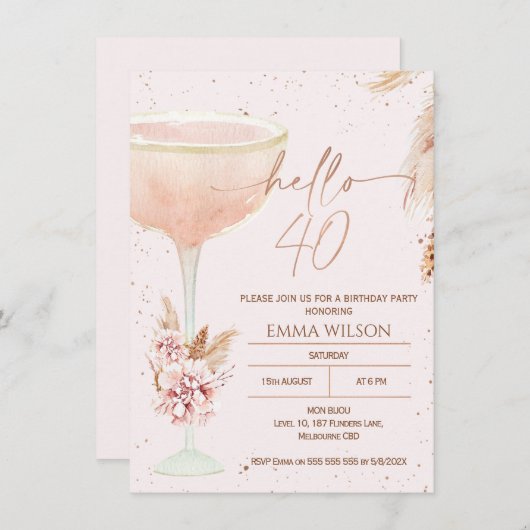 Invitation Boho Pampas Rose Or Bonjour 40 Anniversaire (Devant / Derrière)