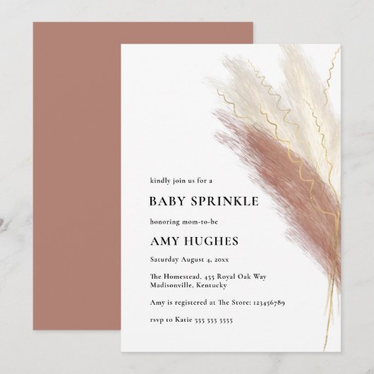 Invitation Boho Pampas Rose or Grass Baby Girl Sprinkl (Devant / Derrière)