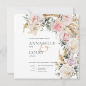 Invitation Boho Pampas & Roses Rose Carré Mariage blanc (Devant)