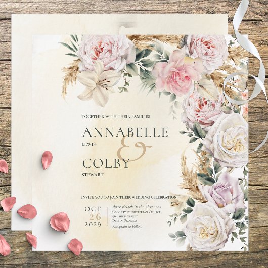 Invitation Boho Pampas & Roses Rose Carré Mariage de crème