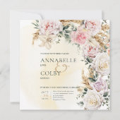Invitation Boho Pampas & Roses Rose Carré Mariage de crème (Devant)