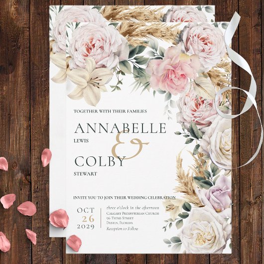 Invitation Boho Pampas & Roses Rose Mariage