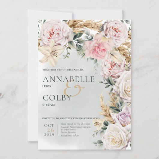 Invitation Boho Pampas & Roses Rose Mariage vert (Devant)