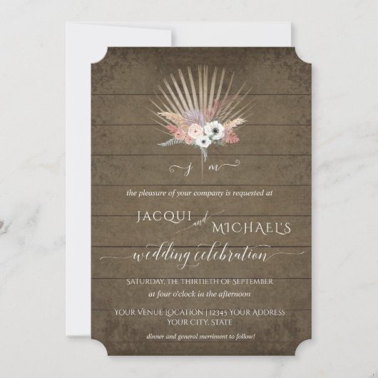 Invitation BOHO Pampas Rustique Bois Blanc Floral Palmier Tro (Devant)
