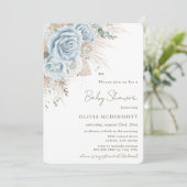 Invitation Boho Pampas Rustique Pastel Baby shower Floral Ble (Debout devant)