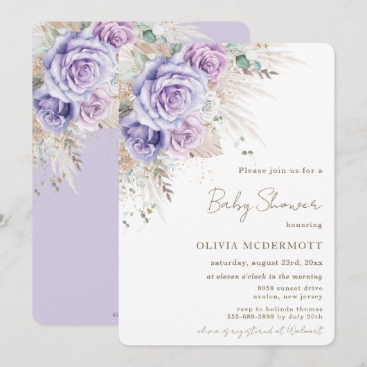 Invitation Boho Pampas Rustique Purple Floral Girl Baby showe (Devant / Derrière)