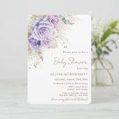 Invitation Boho Pampas Rustique Purple Floral Girl Baby showe (Debout devant)