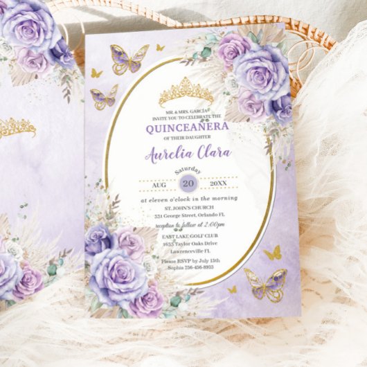 Invitation Boho Pampas Rustique Purple Lilac Floral Quinceañe