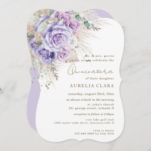 Invitation Boho Pampas Rustique Purple Lilac Floral Quinceañe (Devant / Derrière)