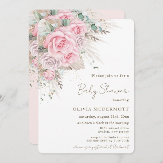 Invitation Boho Pampas Rustique rose Floral Baby shower fille (Devant / Derrière)