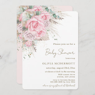 Invitation Boho Pampas Rustique rose Floral Baby shower fille