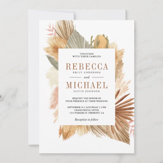 Invitation Boho Pampas séché Palm tout en un Mariage (Devant)