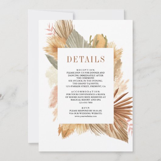 Invitation Boho Pampas séché Palm tout en un Mariage (Dos)