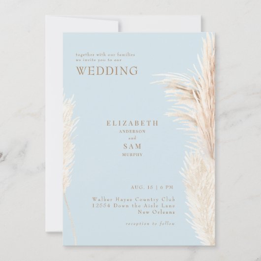 Invitation Boho Pampas Sky Blue avec Mariage (Devant)