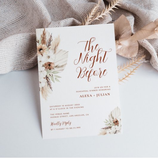 Invitation boho pampas terracotta dîner de répétition florale