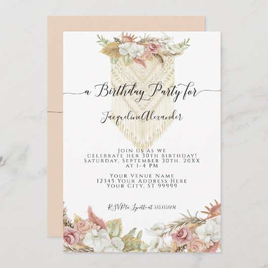 Invitation Boho Pampas Tropical Grass Floral fête d'anniversa (Devant / Derrière)