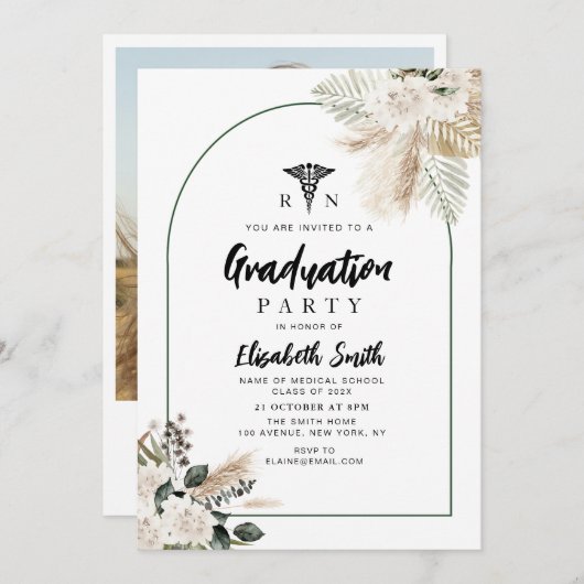Invitation boho pampas verdure infirmière fête de graduation (Devant / Derrière)