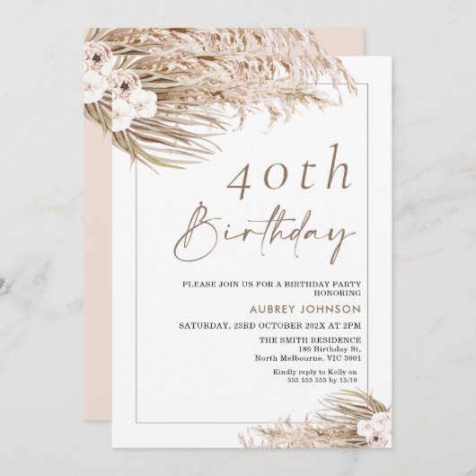 Invitation Boho Pampas Verraies Frame Anniversaire (Devant / Derrière)