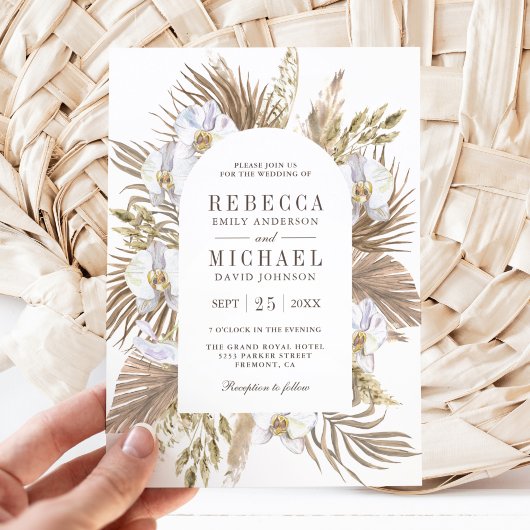 Invitation Boho Pampas White Orchid Dried Palm Wedding