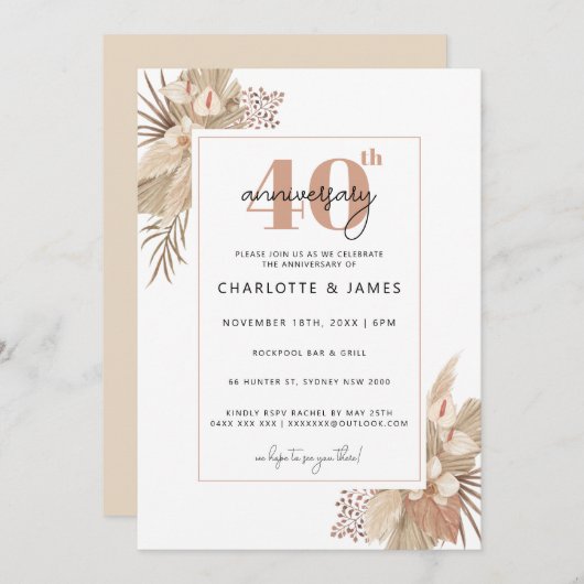 Invitation Boho Pampass Grass 40e anniversaire de mariage (Devant / Derrière)