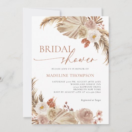 Invitation Boho Pampass Grass Fête des mariées de script mode (Devant)