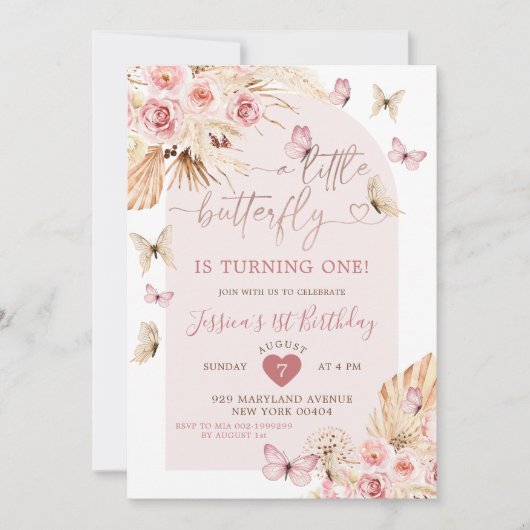 Invitation Boho Papillon rose Arc Floral Anniversaire (Devant)