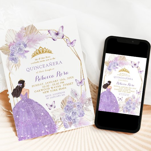 Invitation Boho papillon violet Mexicaine Princesse Quinceañe