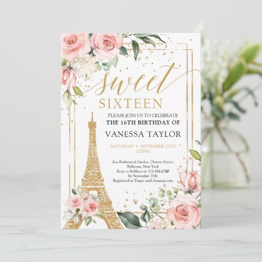 Invitation Boho Paris Eiffel vert floral clair or 16e (Debout devant)