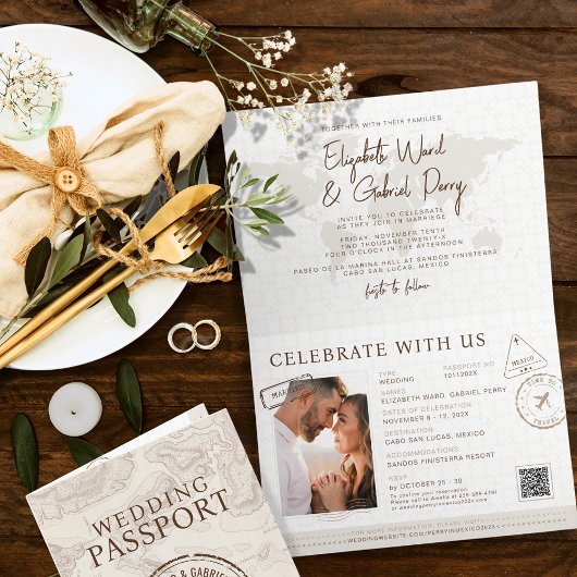 Invitation Boho Passport Destination Qr Code Mariage