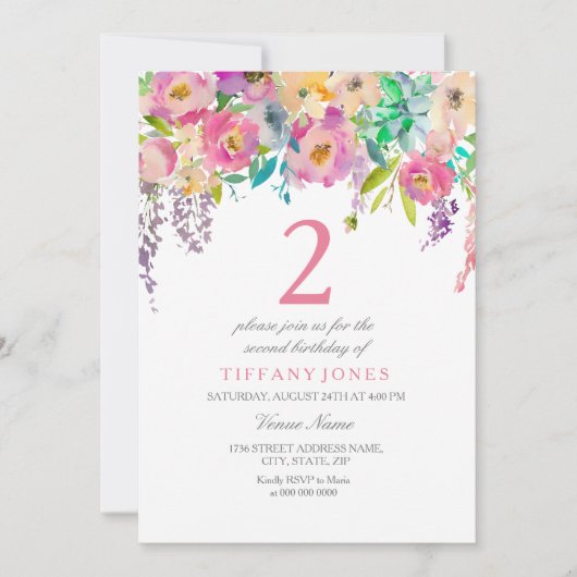 Invitation Boho Pastel Aquarelle Fleurs 2e fête d'anniversair (Devant)