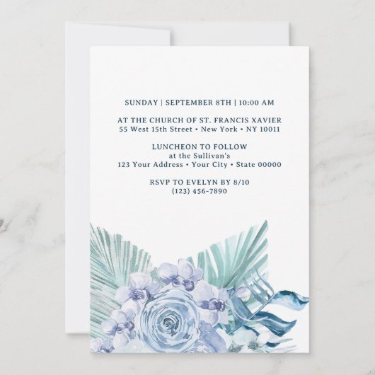 Invitation Boho Pastel Baptême Bleu (Dos)