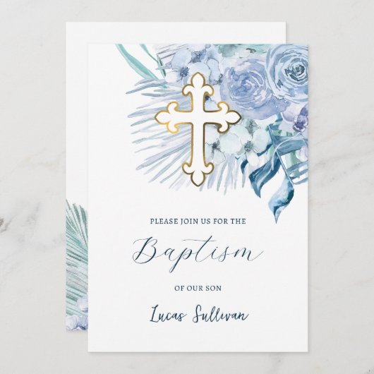 Invitation Boho Pastel Baptême Bleu (Devant / Derrière)