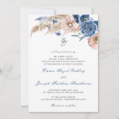 Invitation Boho pastel bleu & brush choral Mariage (Devant)