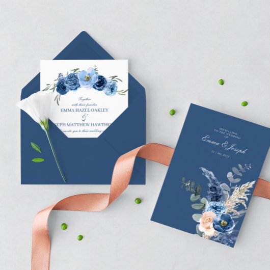 Invitation Boho pastel bleu & brush choral Mariage