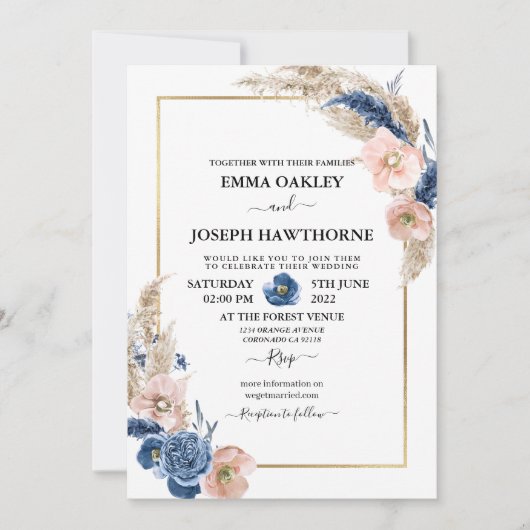 Invitation Boho pastel bleu & brush choral Mariage (Devant)