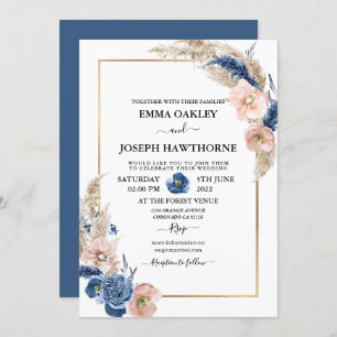 Invitation Boho pastel bleu & brush choral Mariage Invit