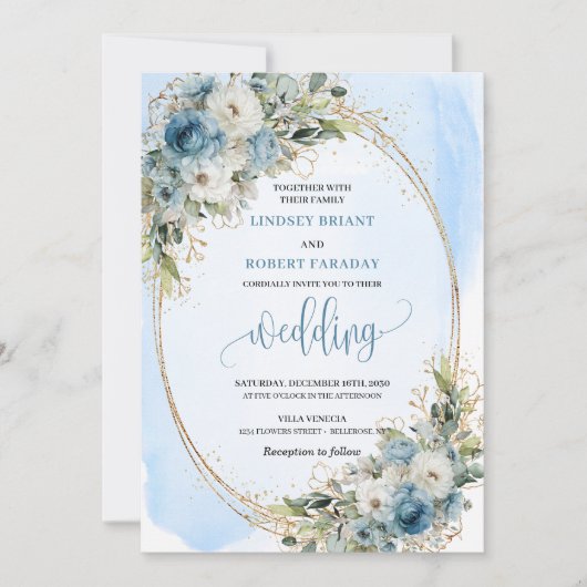Invitation Boho Pastel Blue Floral Glitter wedding invite (Devant)
