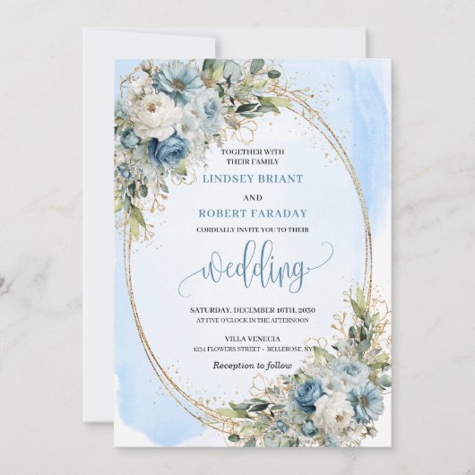 Invitation Boho Pastel Blue Flowers Gold Wedding Invite (Devant)
