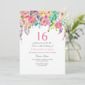 Invitation Boho Pastel Fleurs aquarelles 16ème fête d'anniver (Debout devant)