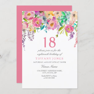 Invitation Boho Pastel Fleurs aquarelles 18e fête d'anniversa