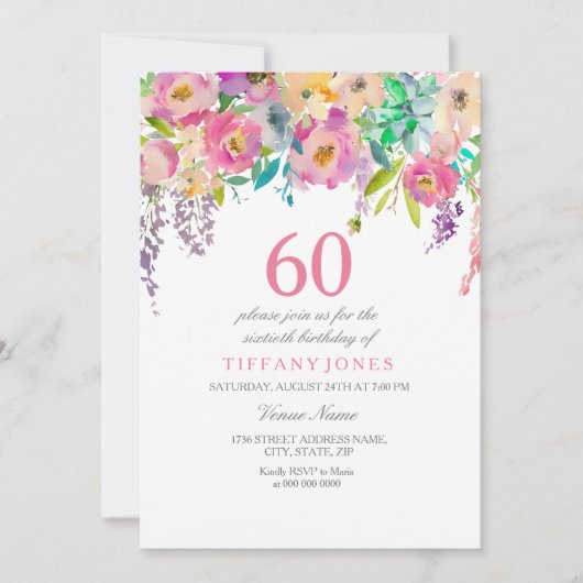 Invitation Boho Pastel Fleurs d'aquarelle 60e fête d'annivers (Devant)